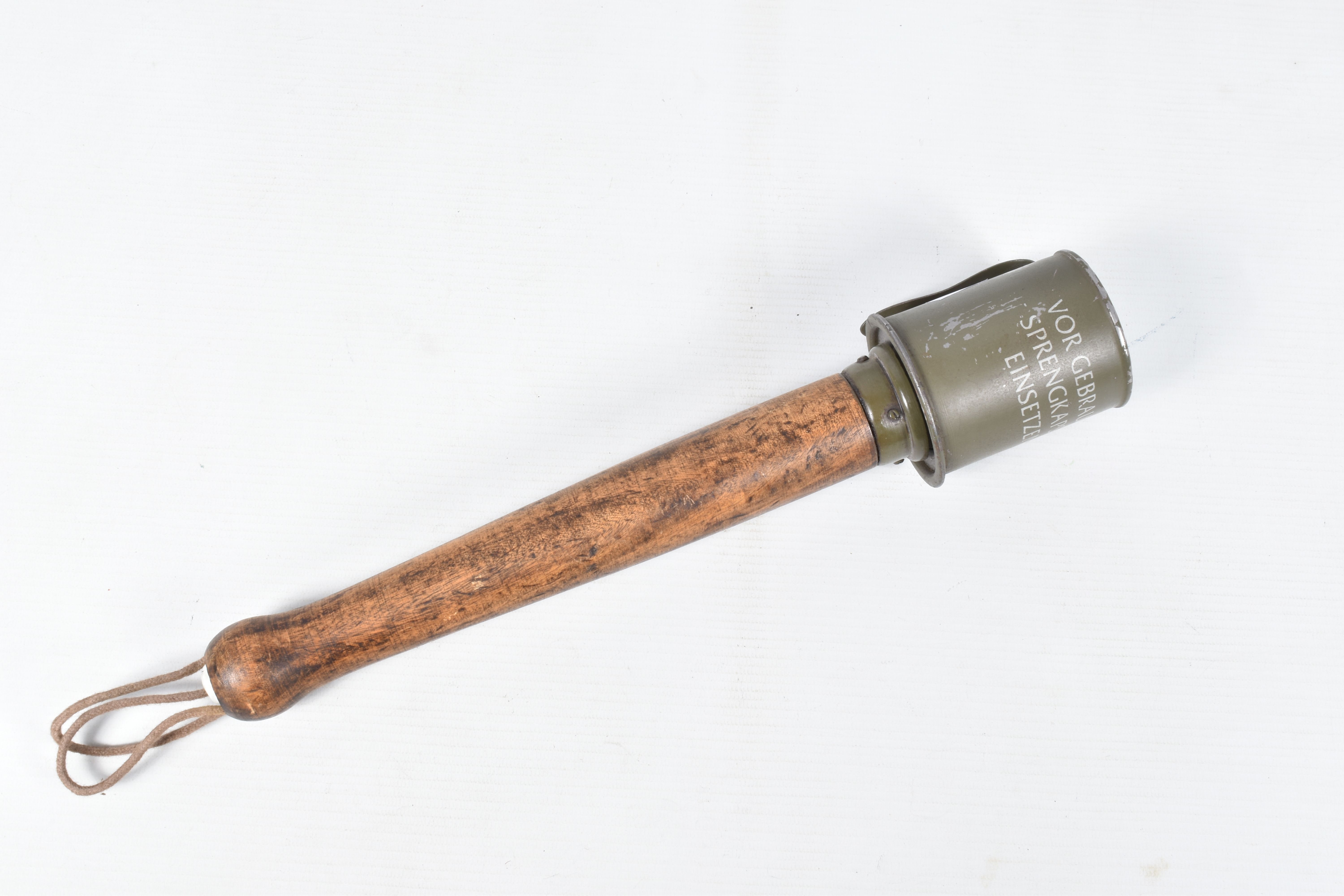 THREE INERT GERMAN STYLE STICK GRENADES, all three have wooden handles, the first has the words - Image 8 of 20