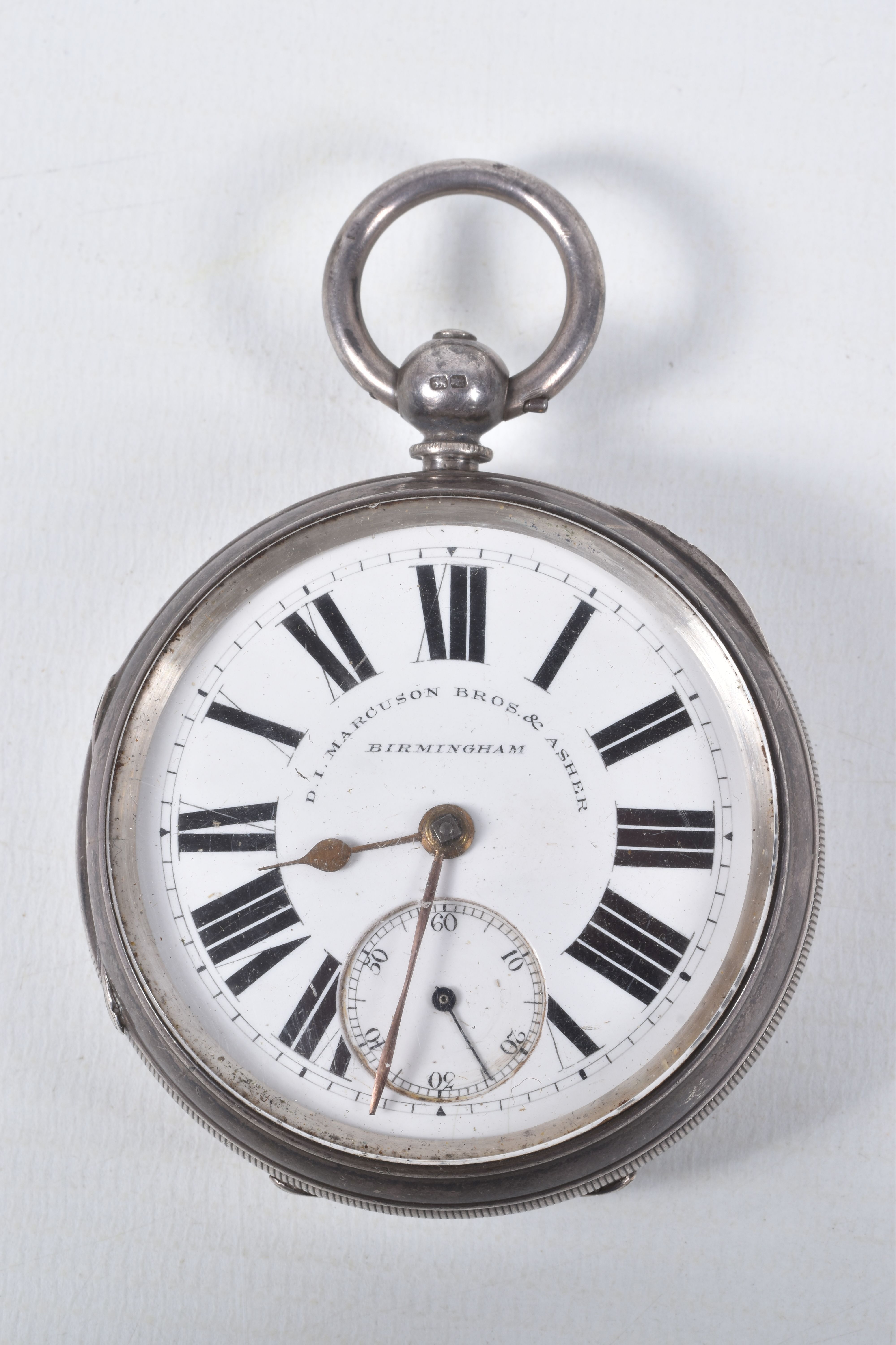 A LATE VICTORIAN SILVER OPEN FACE POCKET WATCH, key wound, round white dial signed 'D.I.MARCUSON