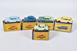 FIVE BOXED MATCHBOX SERIES BRITISH CAR MODELS, Ford Anglia, No.7, grey plastic wheels, Austin A55