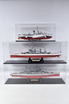 THREE CONSTRUCTED REVELL PLASTIC KITS OF BRITISH WARSHIPS ALL HOUSED IN PERSPEX DISPLAY CASES, 'King