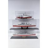 THREE CONSTRUCTED REVELL PLASTIC KITS OF BRITISH WARSHIPS ALL HOUSED IN PERSPEX DISPLAY CASES, 'King