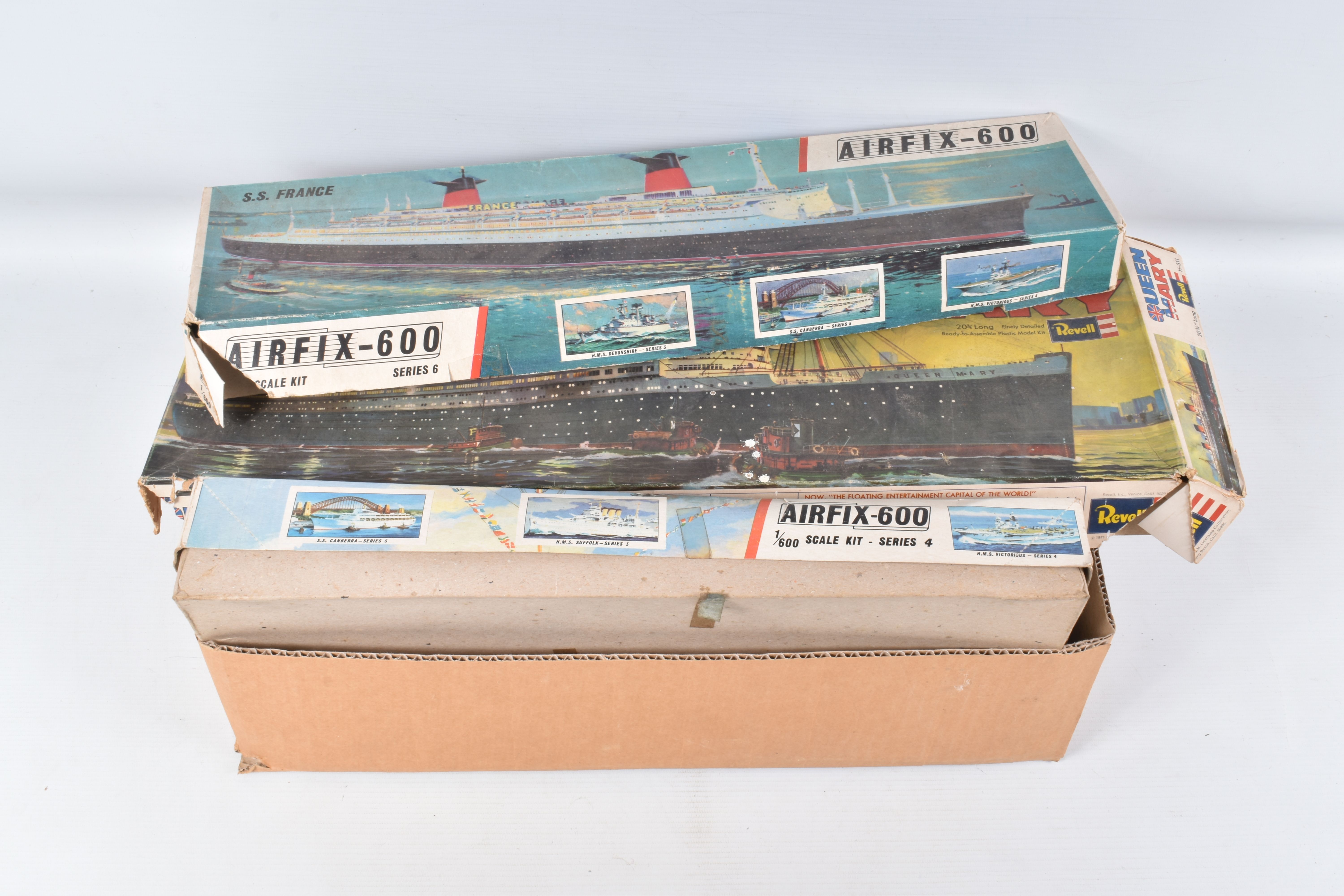 SIX BOXED UNBUILT MODEL SHIP KITS, the first is an Airfix-600 S.S. FRANCE numbered F6025, a Revell