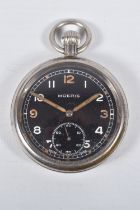 A MILITARY 'MOERIS' OPEN FACE POCKET WATCH, manual wind, round black dial signed 'Moeris', Arabic