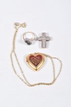 THREE ITEMS OF JEWELLERY, to include a yellow metal diamond pave set cross pendant, stamped 9k, (
