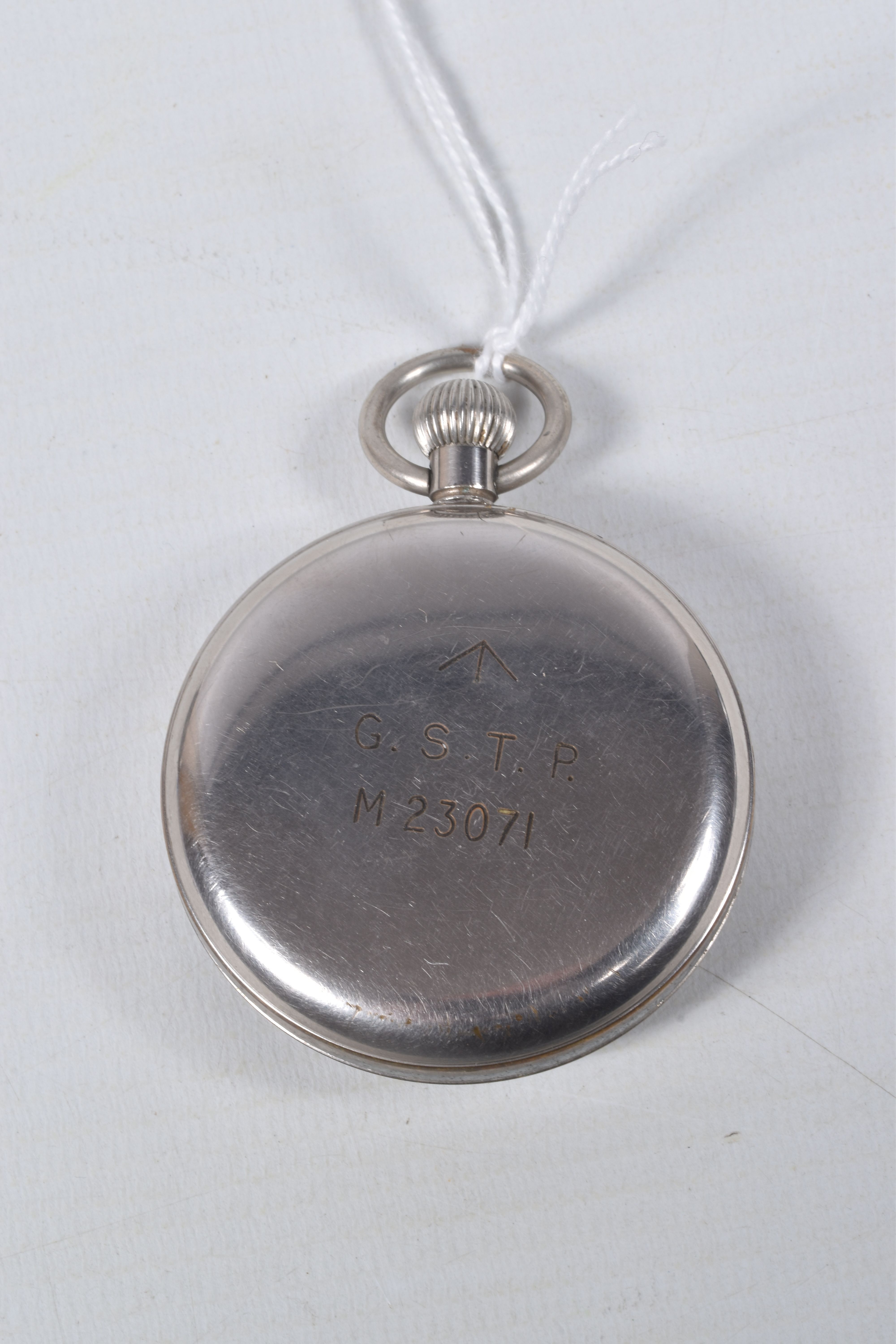 A MILITARY 'MOERIS' OPEN FACE POCKET WATCH, manual wind, round black dial signed 'Moeris', Arabic - Image 5 of 6