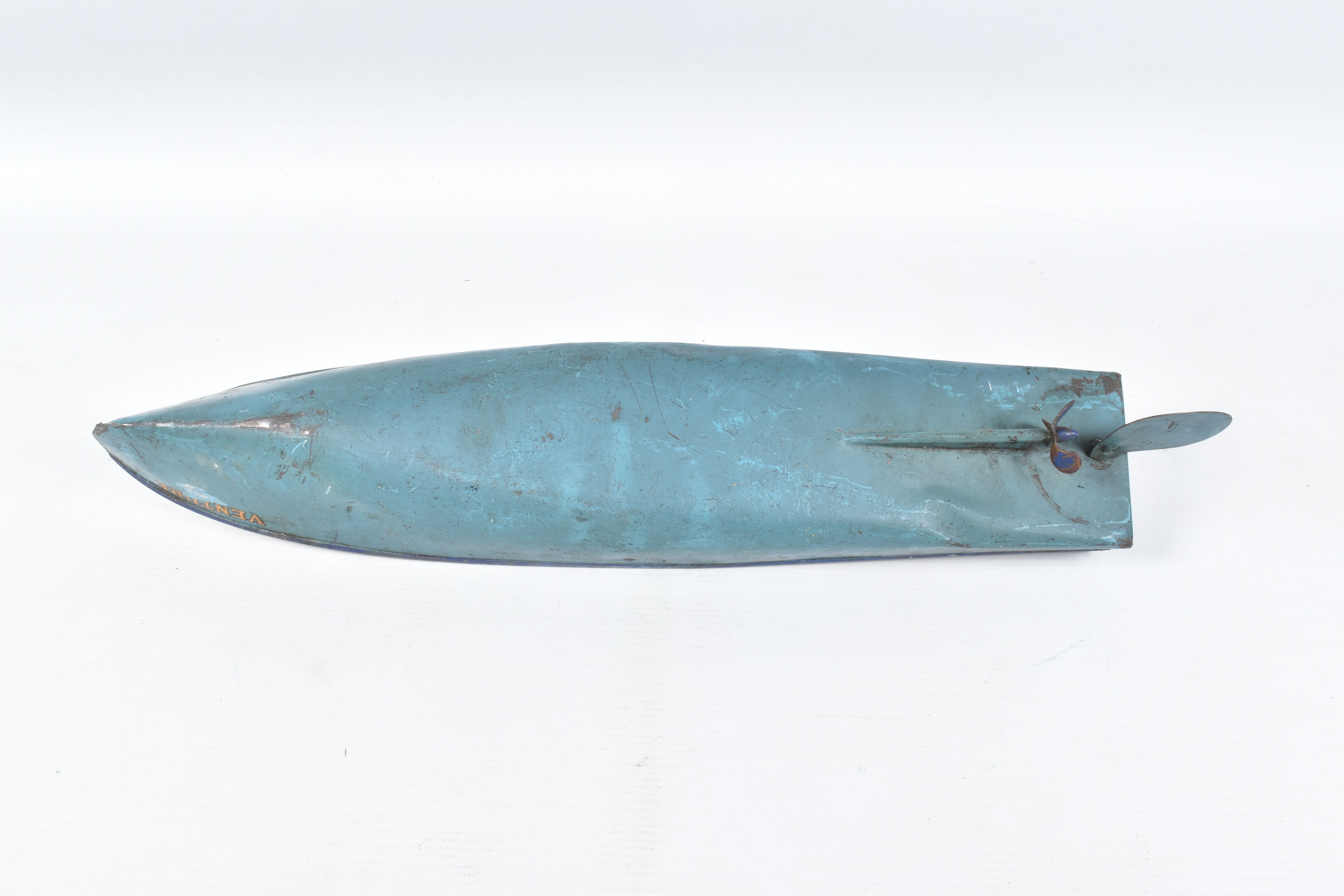 A HORNBY TINPLATE CLOCKWORK SPEED BOAT 'Venture', No.4, not tested, no key, blue hull with white - Image 3 of 9