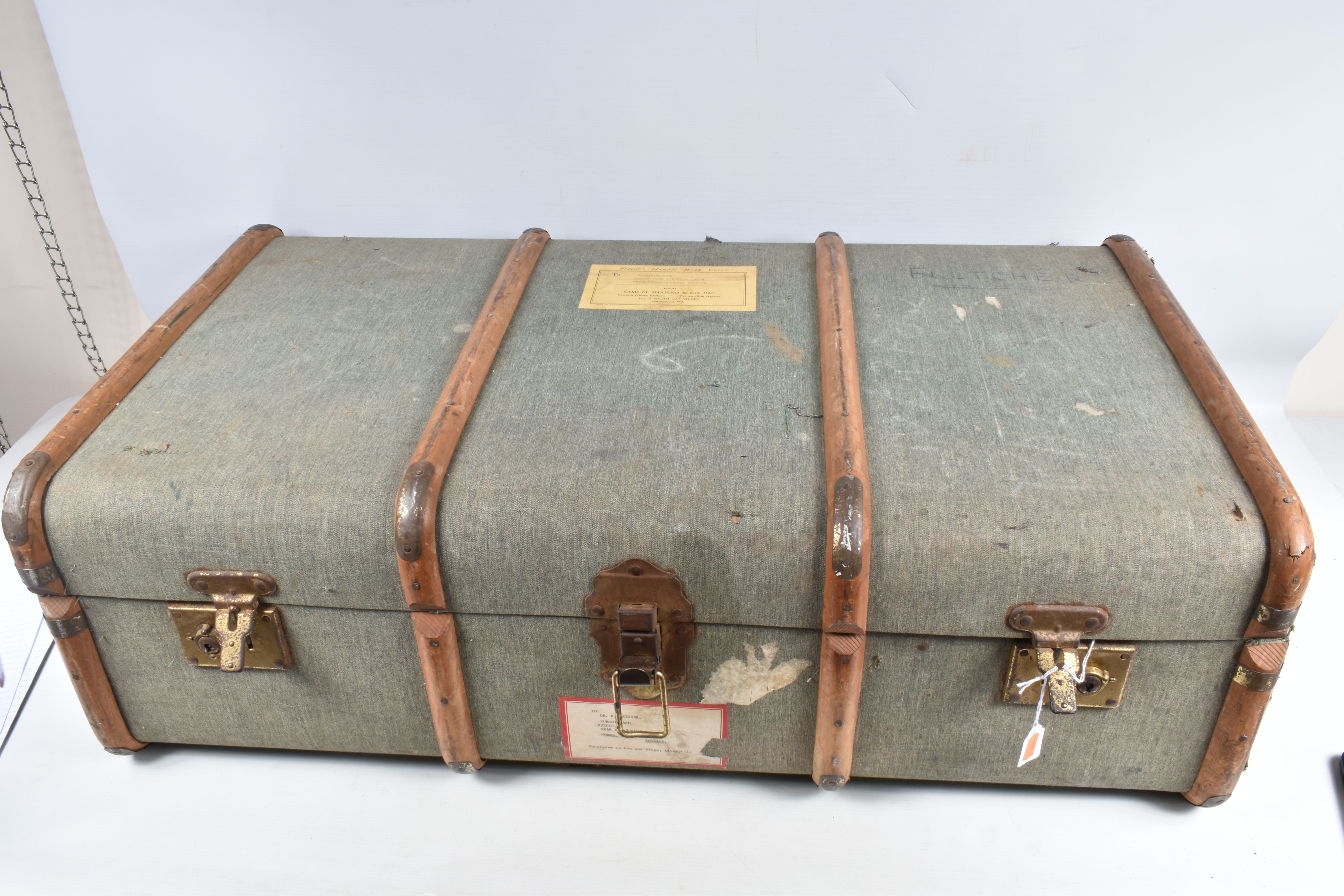 TWO VINTAGE SUITCASES AND A TRAVELLING TRUNK, the trunk was sent to a Dr Fletcher in - Image 6 of 11