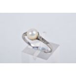 A CULTURED PEARL AND DIAMOND RING, set with a cultured pearl, measuring approximately 6.7mm, to