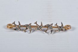 A SWALLOW BAR BROOCH, designed as five swallows set with imitation split pearls and blue paste