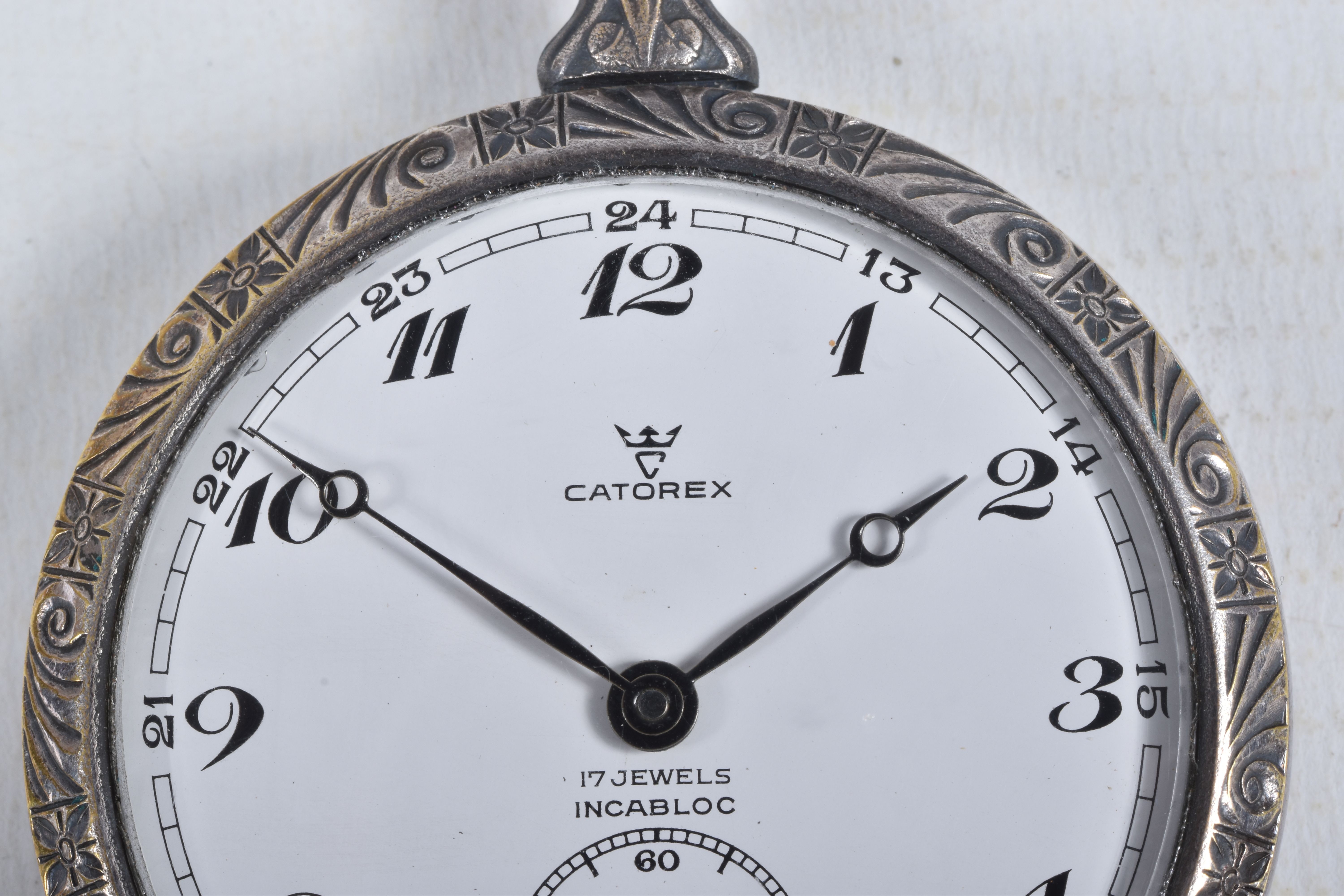 A WHITE METAL 'CATOREX' OPEN FACE POCKET WATCH, manual wind, round white dial signed 'Catorex', - Image 2 of 5
