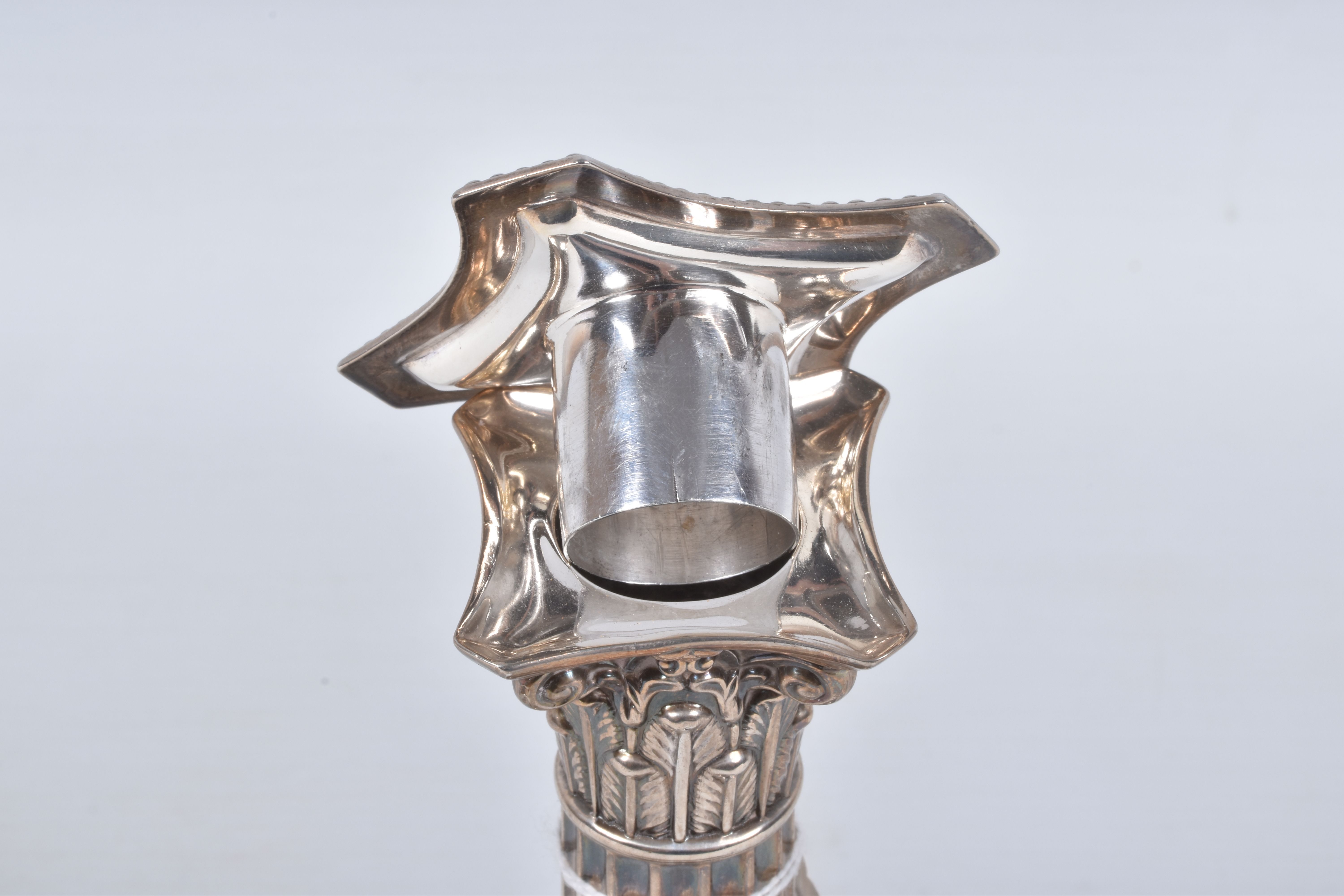A PAIR OF LATE VICTORIAN SILVER CANDLE STICKS, Corinthian columns scroll leaf detail, on square - Image 8 of 8