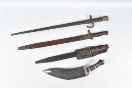 THREE BAYONETS AND A KUKRI STYLE KNIFE, these include a French Graf Bayonet, a 1907 Pattern