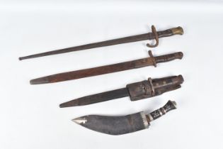 THREE BAYONETS AND A KUKRI STYLE KNIFE, these include a French Graf Bayonet, a 1907 Pattern