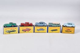 FIVE BOXED MATCHBOX SERIES CAR MODELS, Ford Anglia, No.7, blue body, green windows, grey plastic