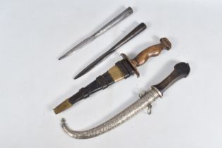 TWO DAGGERS AND TWO SPEAR TIPS, the daggers include an Arabic style one with a wooden handle, curved