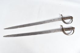 A PAIR OF 19TH/20TH CENTURY SWORDS WITHOUT SCABARDS, both swords have wire band handles and straight