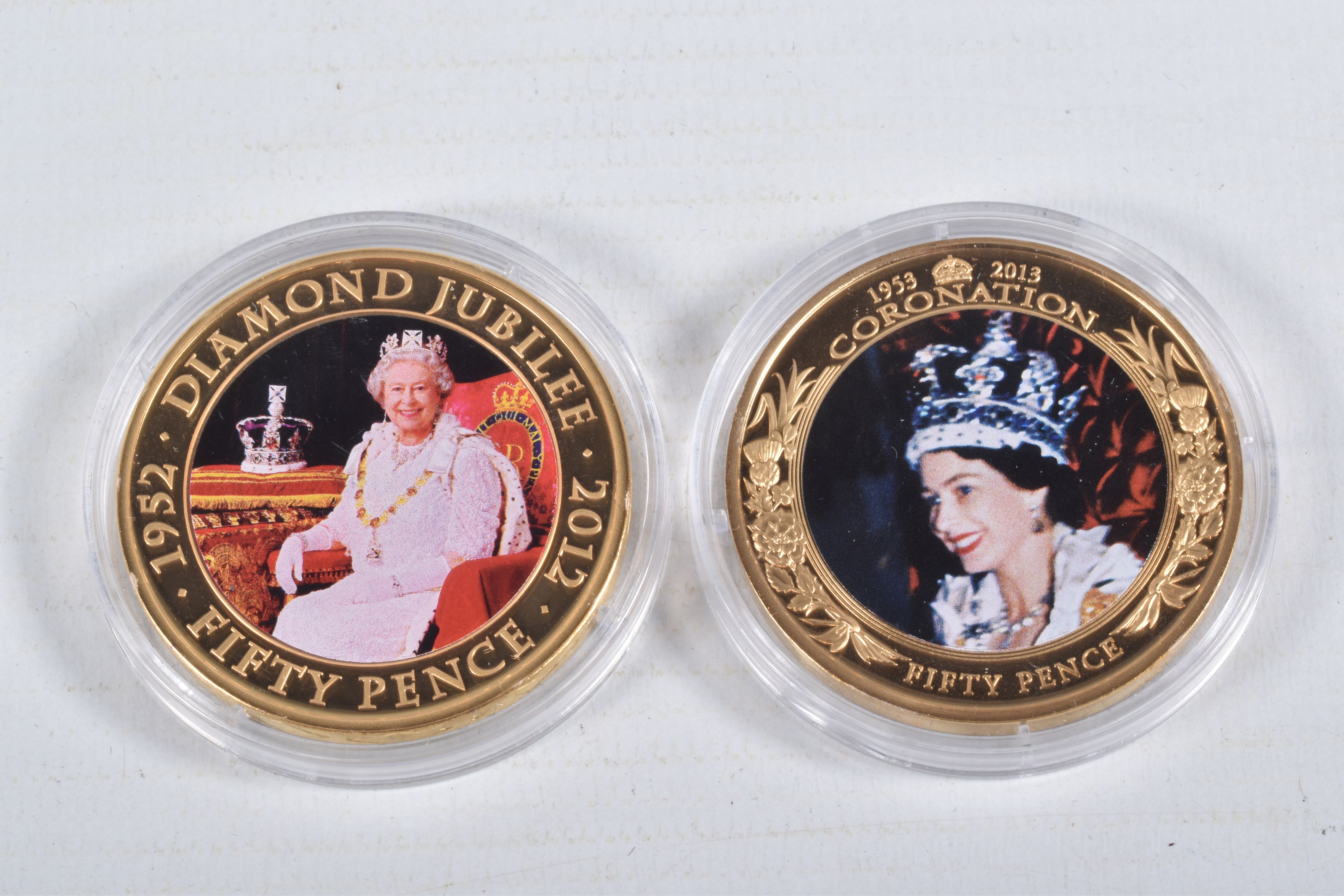 A PACKET CONTAINING SIX QUEEN ELIZABETH II 2011-13 GOLD LAYERED AND PICTORIAL COINS, Jersey, - Image 6 of 7