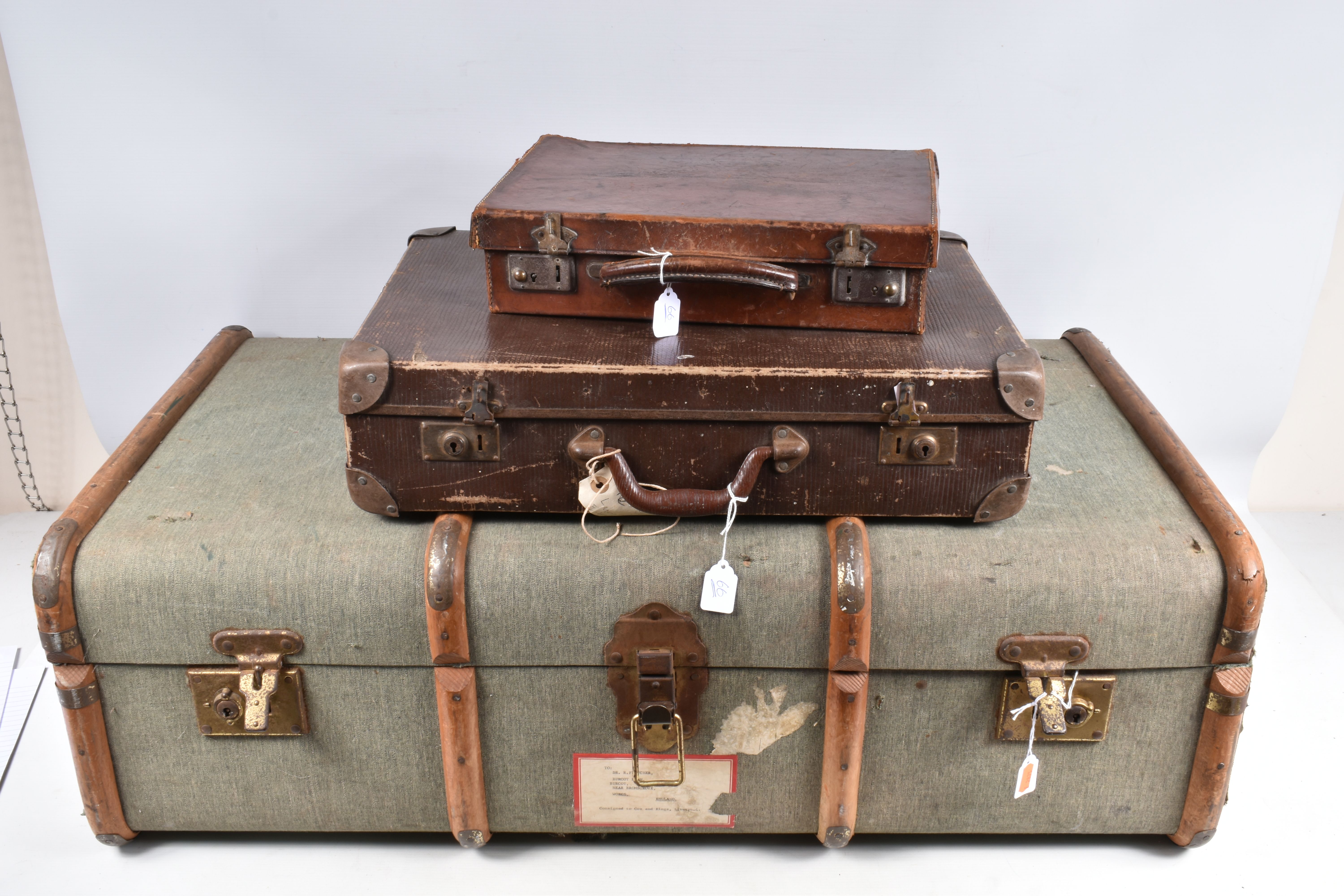 TWO VINTAGE SUITCASES AND A TRAVELLING TRUNK, the trunk was sent to a Dr Fletcher in