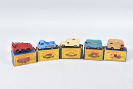 FIVE BOXED MATCHBOX SERIES DIECAST MODELS, Daimler Ambulance, No.14, larger version, cream body with