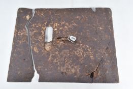 A WWI RELIC OF A METAL SNIPERS PROTECTIVE PLATE, split in two with numerous cracks throughout,