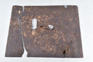 A WWI RELIC OF A METAL SNIPERS PROTECTIVE PLATE, split in two with numerous cracks throughout,