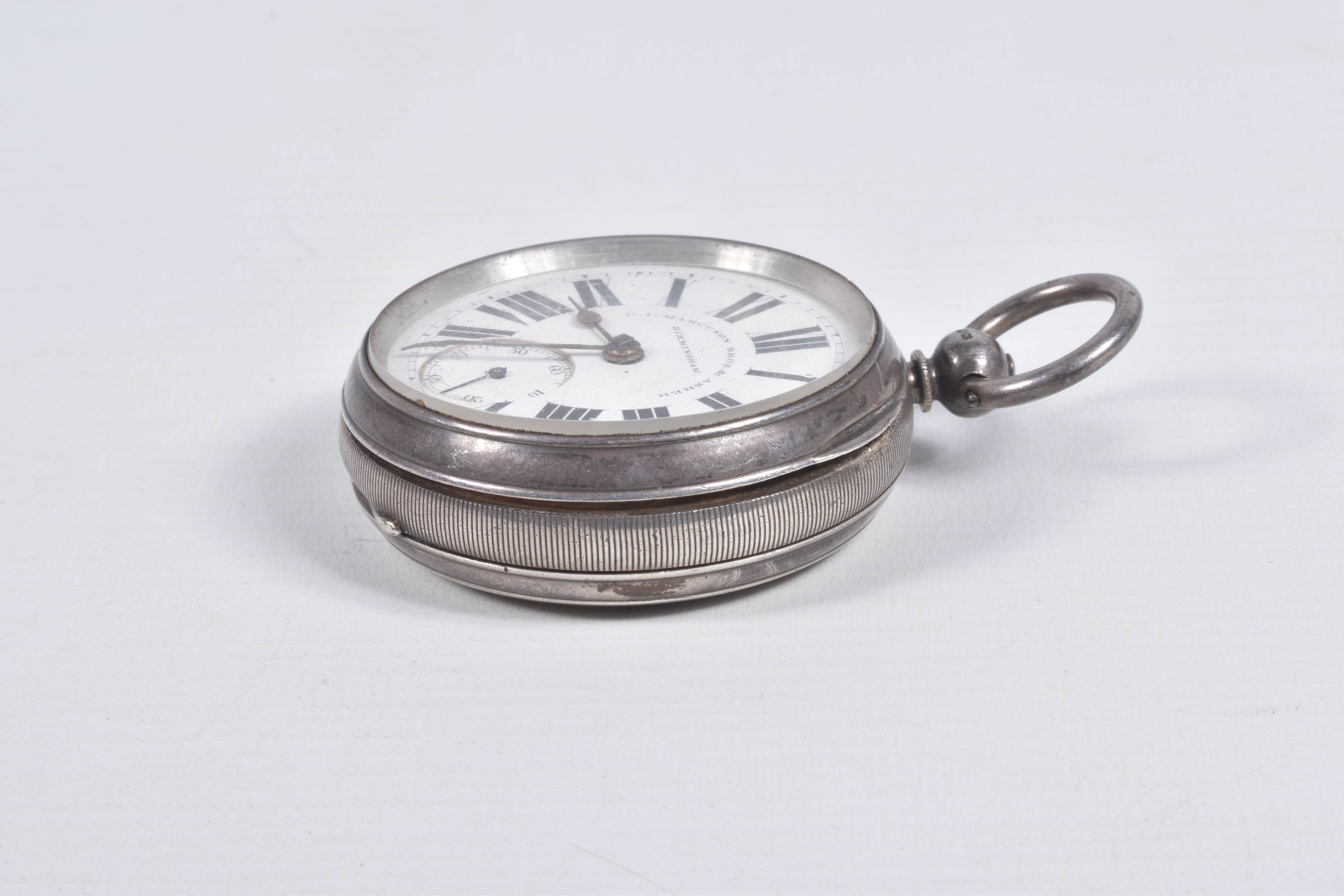 A LATE VICTORIAN SILVER OPEN FACE POCKET WATCH, key wound, round white dial signed 'D.I.MARCUSON - Image 6 of 12