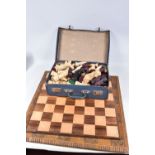 TWO CHESS SETS AND WOODEN CHESS BOARDS, all pieces included although three pawns from the larger set