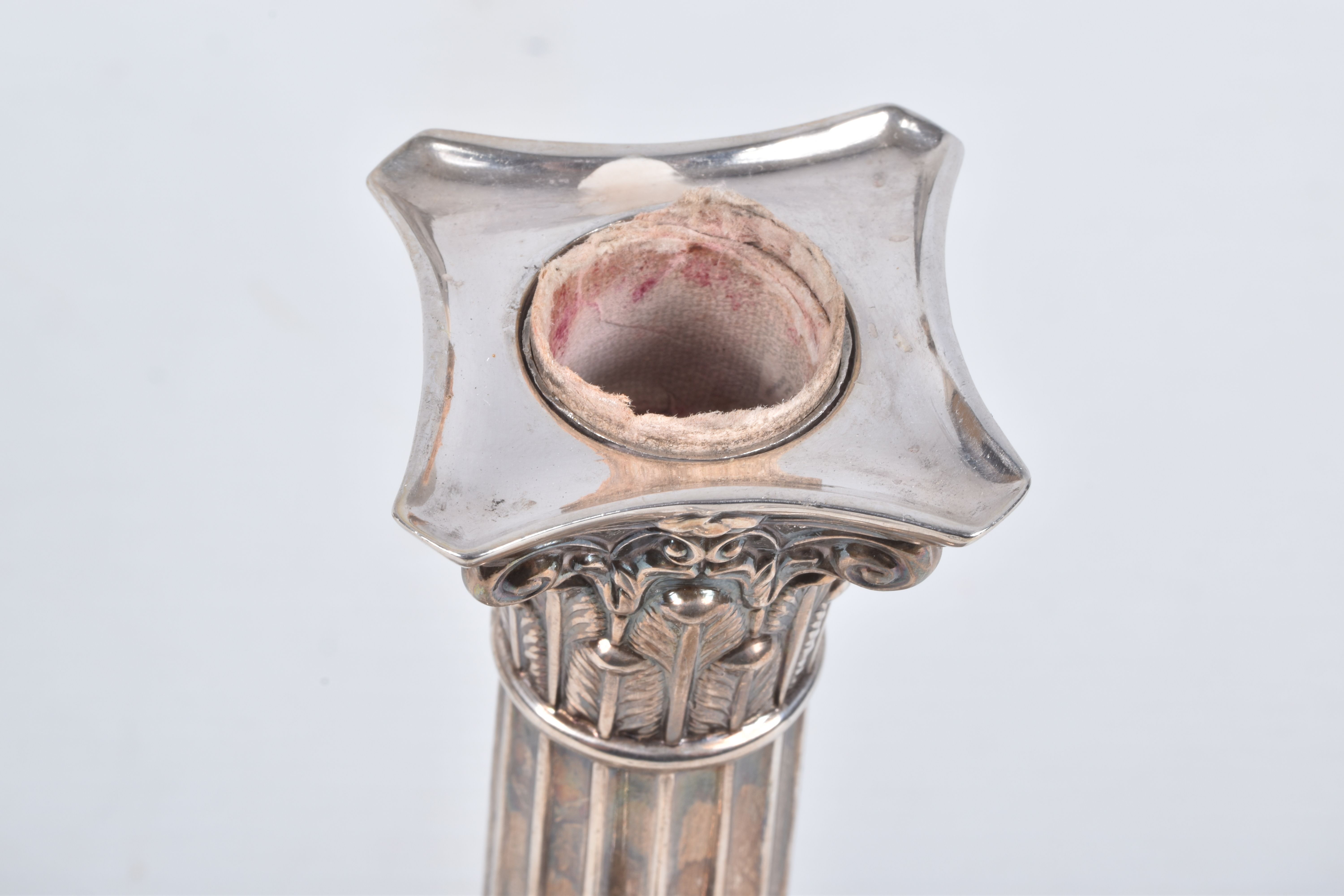 A PAIR OF LATE VICTORIAN SILVER CANDLE STICKS, Corinthian columns scroll leaf detail, on square - Image 5 of 8