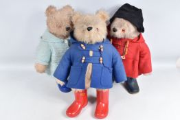 THREE GABRIELLE DESIGNS PADDINGTON BEAR SOFT TOYS, one with red duffle coat, black hat and blue