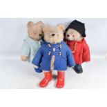 THREE GABRIELLE DESIGNS PADDINGTON BEAR SOFT TOYS, one with red duffle coat, black hat and blue