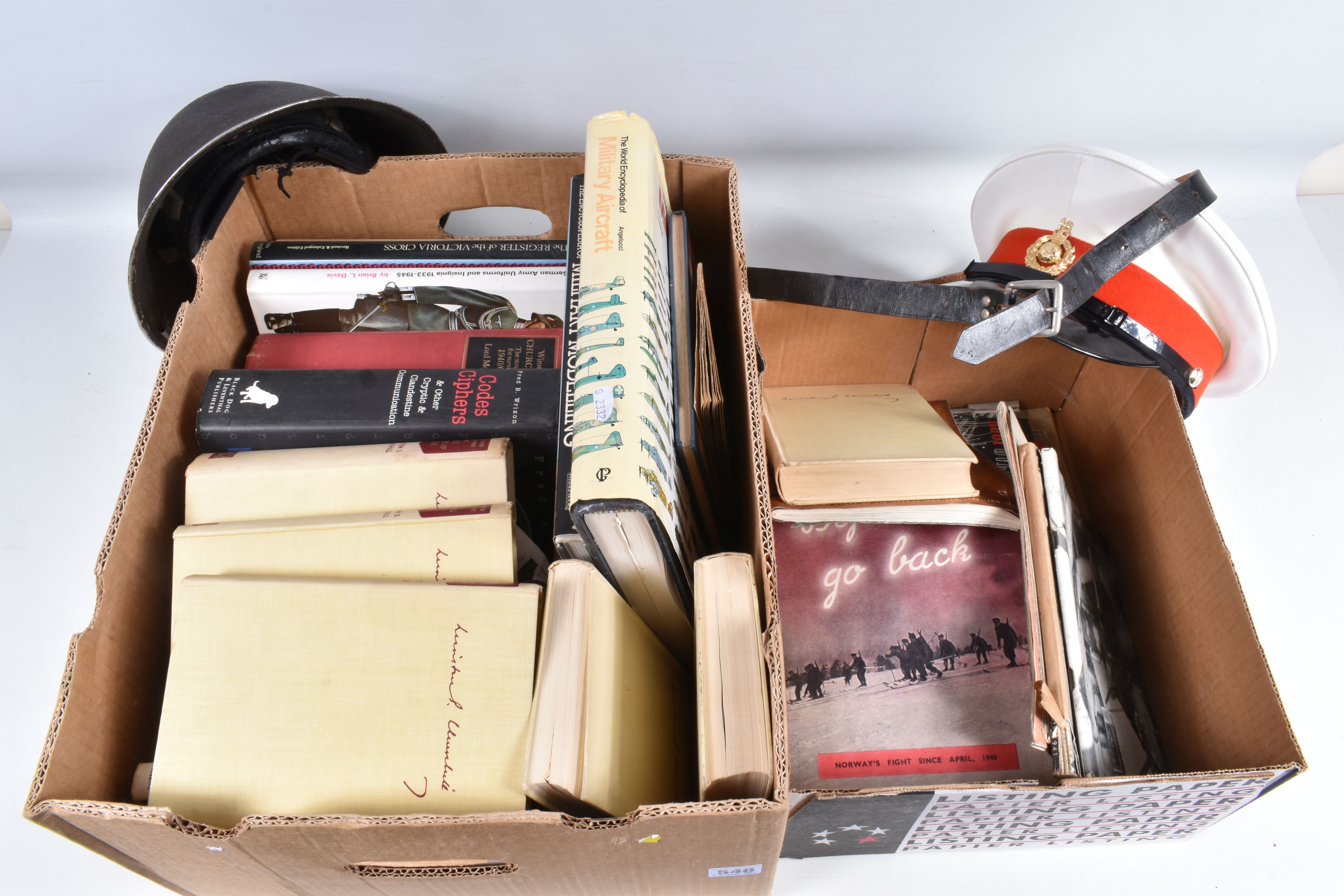 TWO BOXES OF MILITARY RELATED HARDBACK AND PAPERBACK BOOKS AND OTHER MILITARY ITEMS, books include