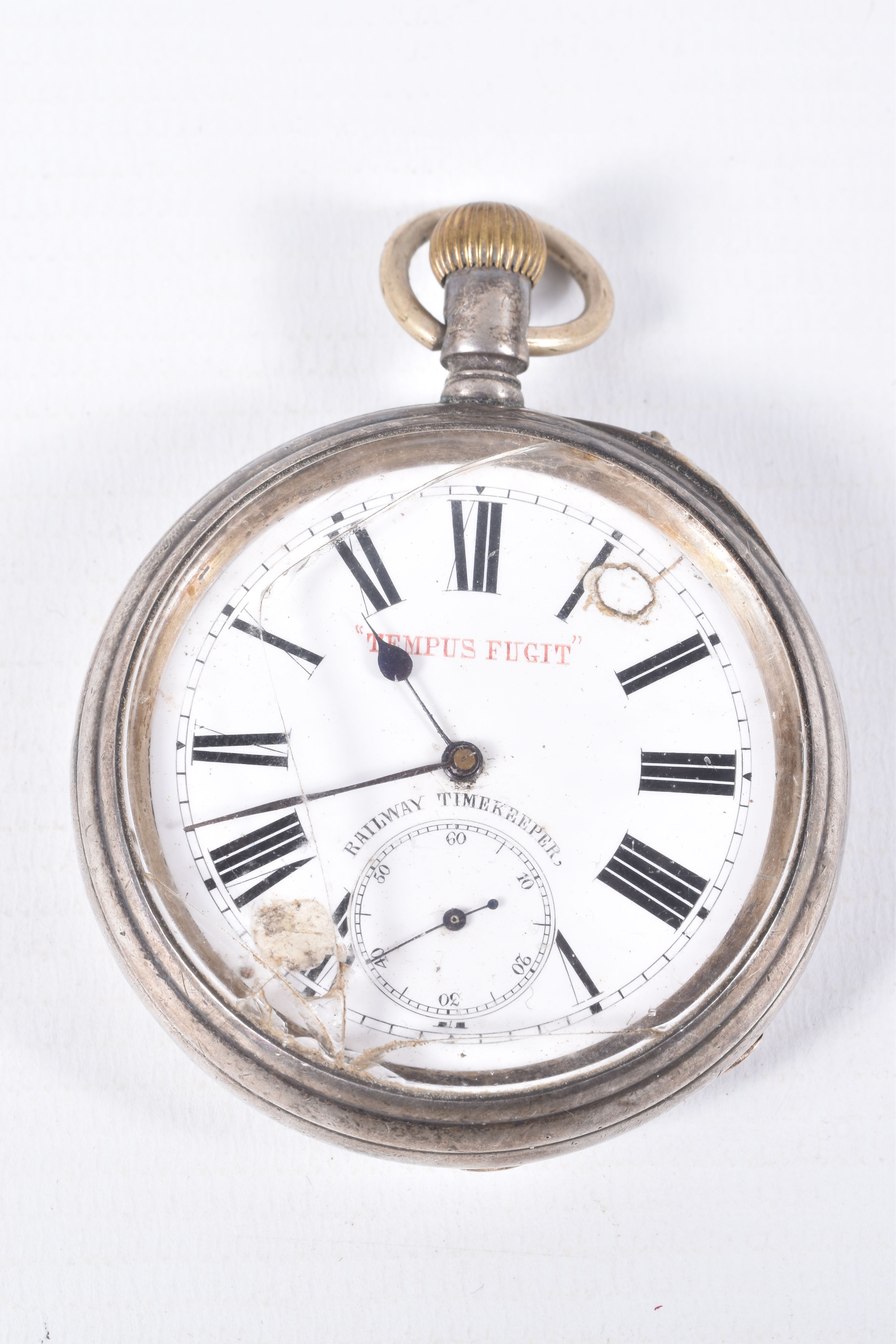 A LATE VICTORIAN SILVER OPEN FACE POCKET WATCH, AF manual wind, round white dial signed 'Tempus