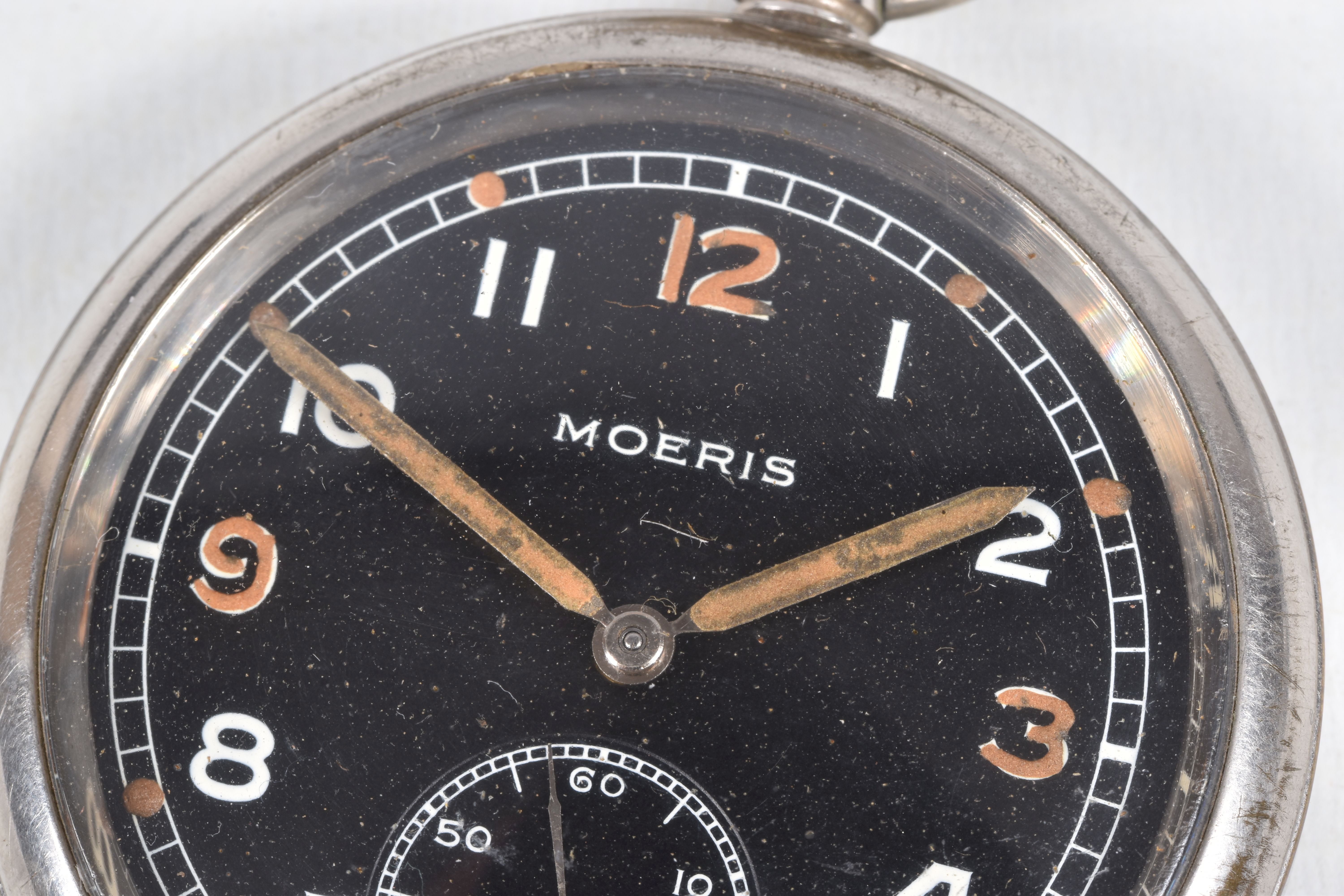 A MILITARY 'MOERIS' OPEN FACE POCKET WATCH, manual wind, round black dial signed 'Moeris', Arabic - Image 2 of 6