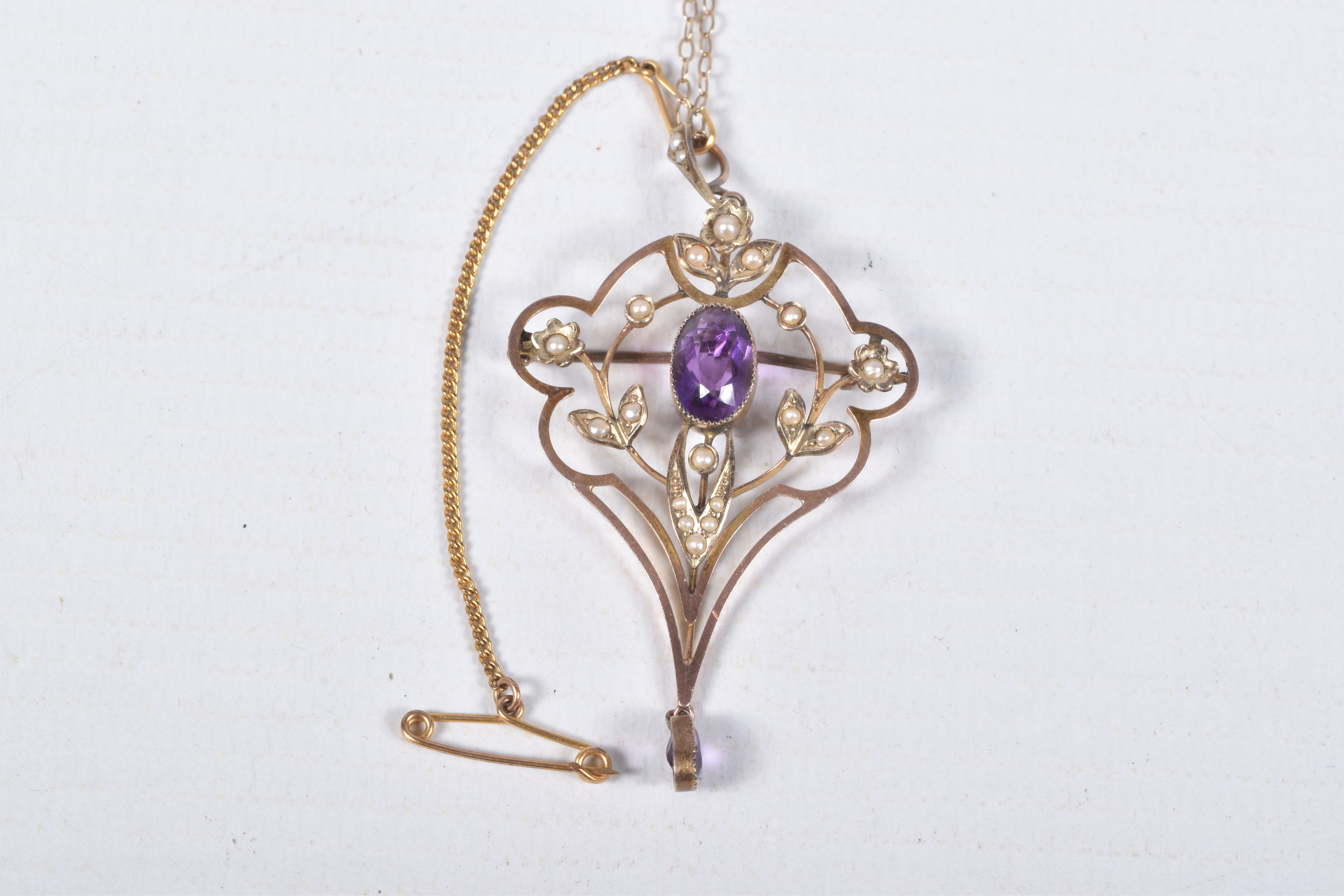 A BOXED YELLOW METAL EDWARDIAN LAVALIER PENDANT NECKLACE, open work floral detailed lavalier - Image 3 of 6