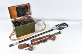 A WWI 1918 TELESCOPE AND LENS, post WWII field telephone and a reproduction shooting chair, the