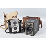 TWO KODAK CAMERAS INCLUDING A SIX-20 BROWNIE E AND A BROWNIE REFLEX 20, the boxed brownie comes in