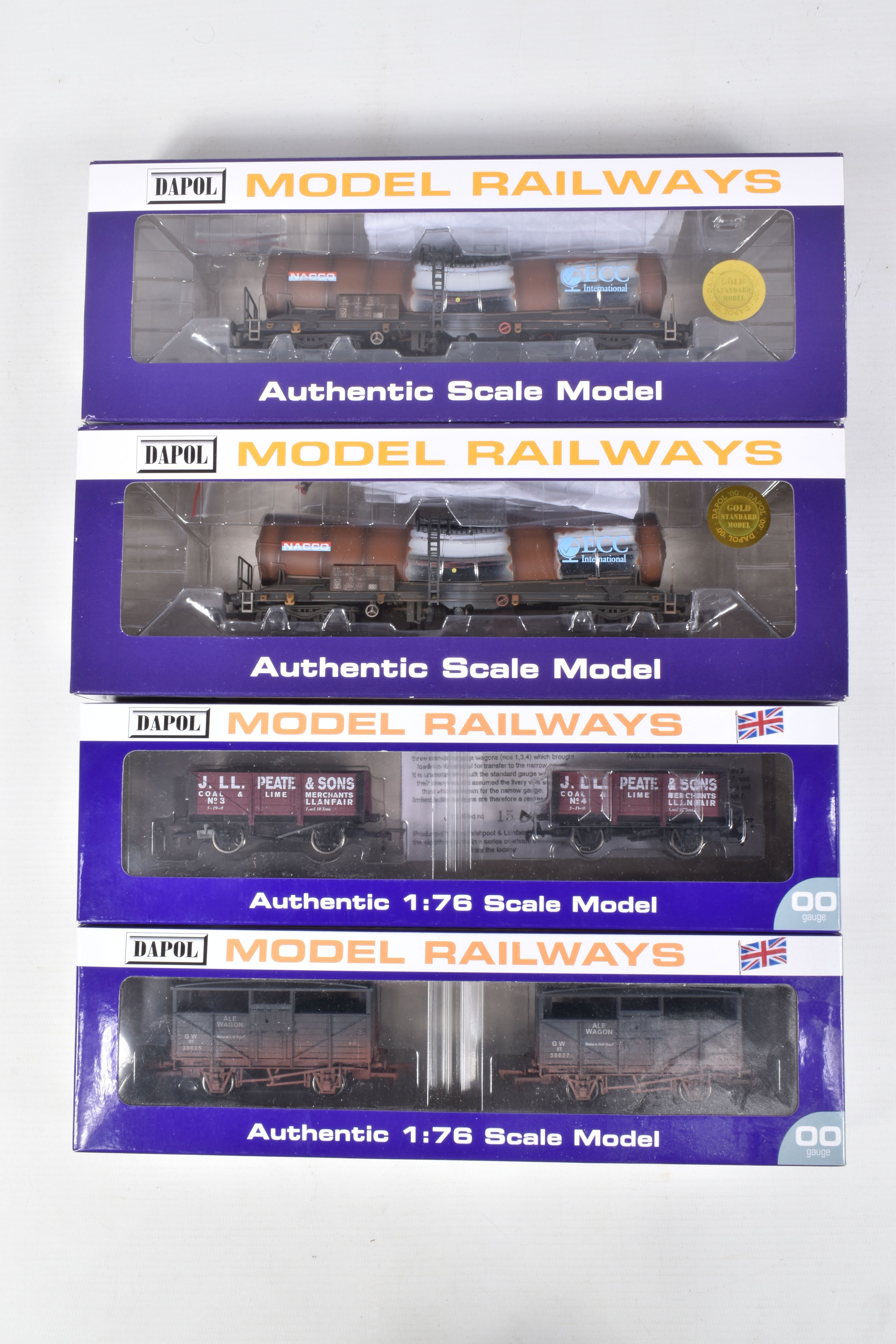 FOUR BOXED OO GAUGE DAPOL MODEL RAILWAY WAGONS, to include a GWR Ale Wagon Twin Pack, Weathered,