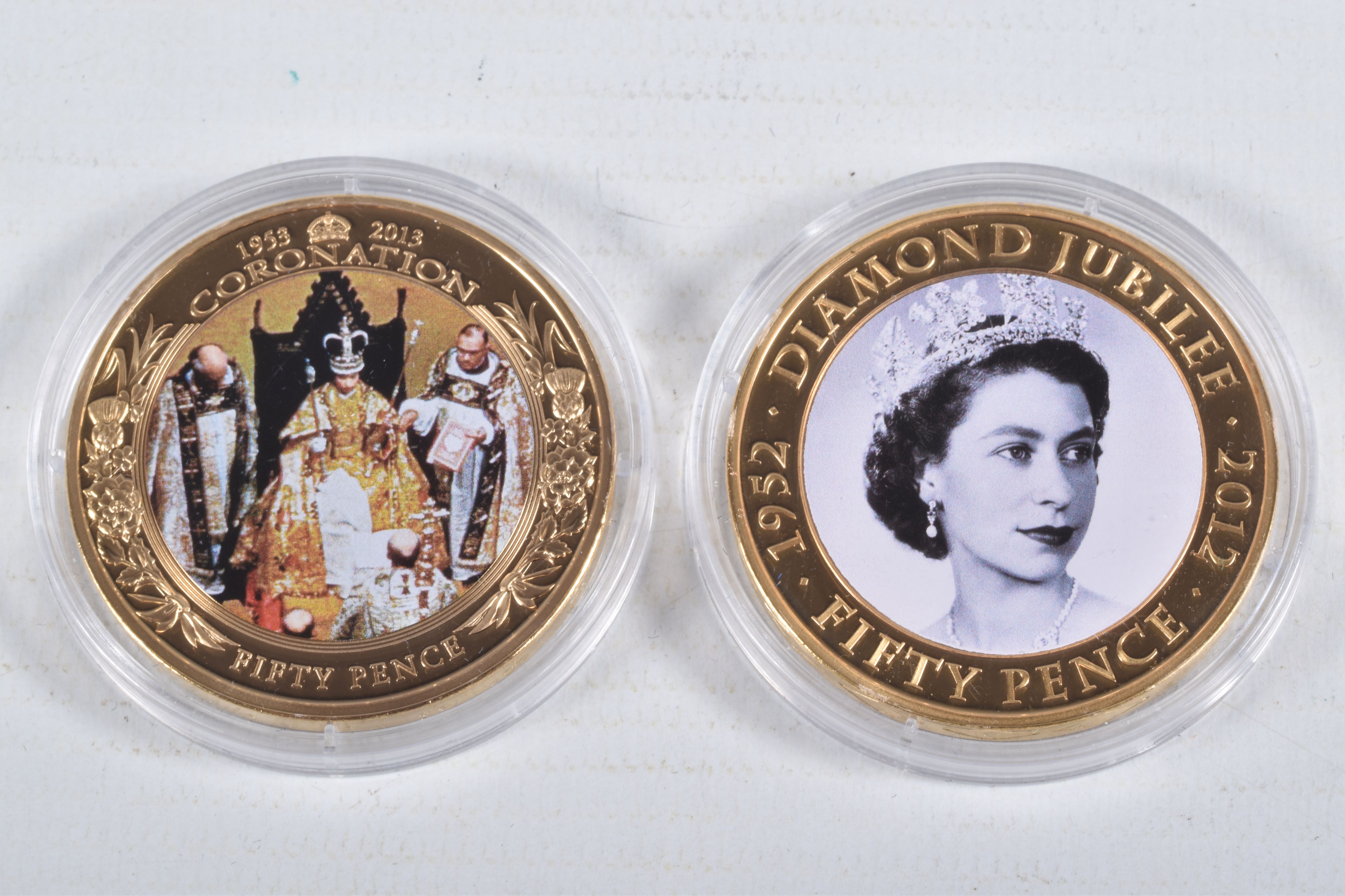 A PACKET CONTAINING SIX QUEEN ELIZABETH II 2011-13 GOLD LAYERED AND PICTORIAL COINS, Jersey, - Image 4 of 7