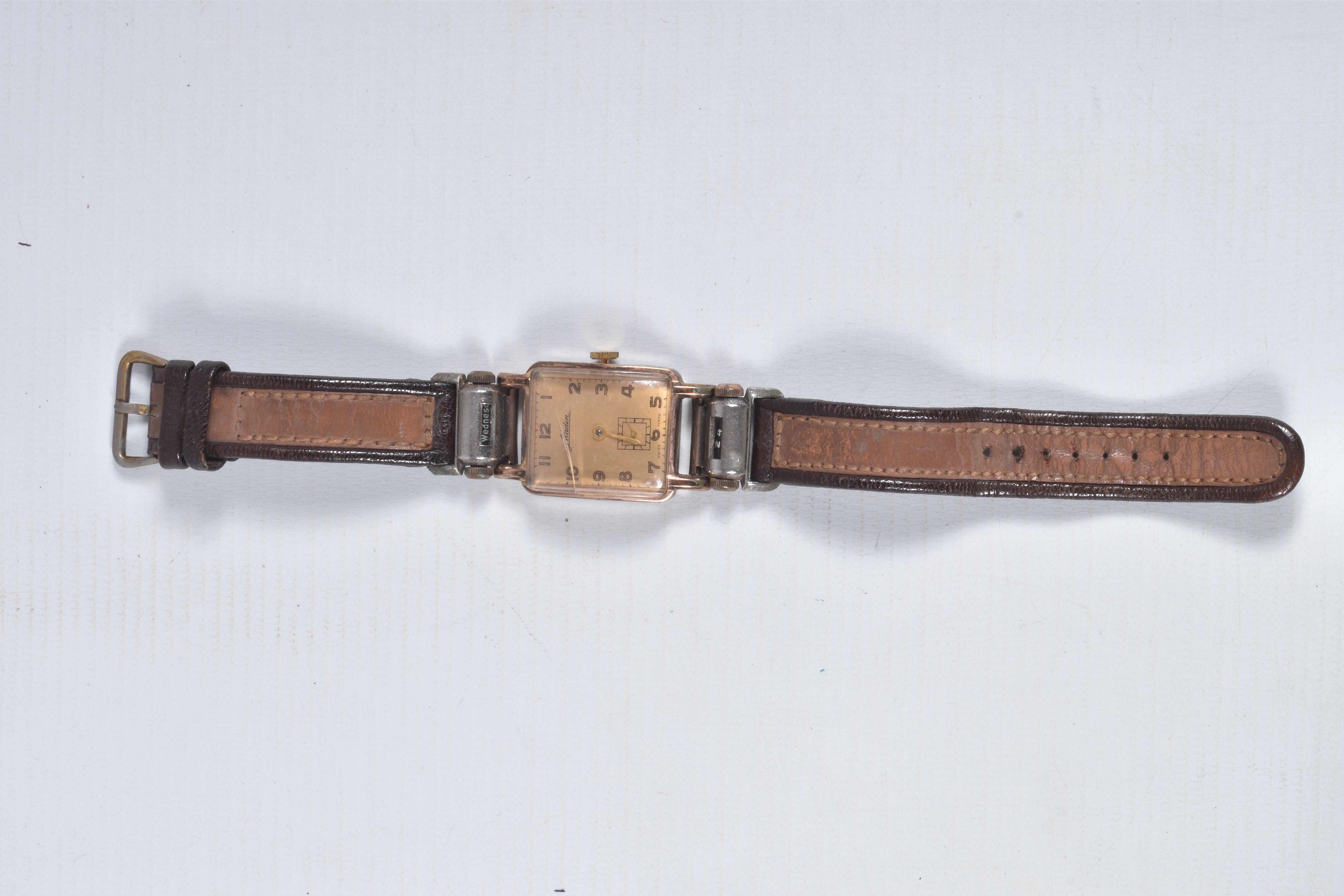 A GENTS 'ALADIN' WRISTWATCH, manual wind, rectangular gold tone dial signed 'Aladin', Arabic - Image 9 of 9
