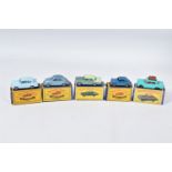 FIVE BOXED MATCHBOX SERIES CAR MODELS, Ford Anglia, No.7, blue body, green windows, grey plastic