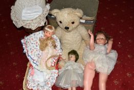 A QUANTITY OF DOLLS, BEARS AND ACCESORIES, to include a selection of different sized, dressed dolls,