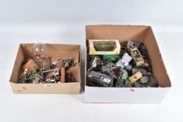 TWO BOXES OF MIXED MODEL MILITARY VEHICLES, FIGURES AND PERSONNEL, to include various model tanks