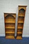 A PINE OPEN BOOKCASE, with carved arched decoration and three fixed shelves, width 61cm x depth 21cm
