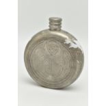 A PEWTER HIP FLASK OF CIRCULAR FORM EMBOSSED WITH CHARLES RENNIE MACKINTOSH STYLE FLOWERS TO THE