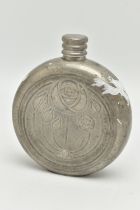 A PEWTER HIP FLASK OF CIRCULAR FORM EMBOSSED WITH CHARLES RENNIE MACKINTOSH STYLE FLOWERS TO THE