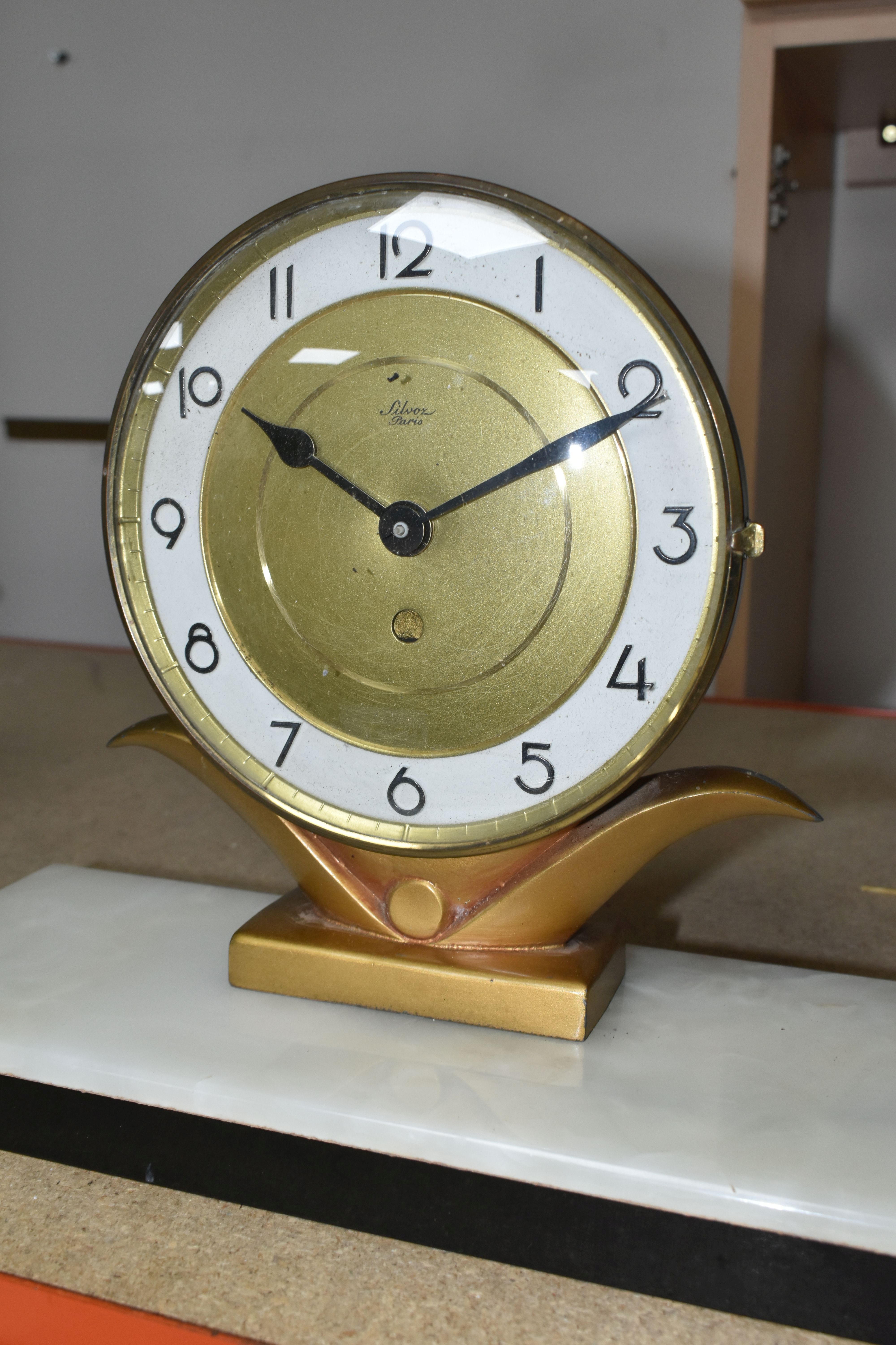 A FRENCH ART DECO MANTEL CLOCK, by Sivoz - Paris, supported by a marble plinth with a bronzed - Image 3 of 6