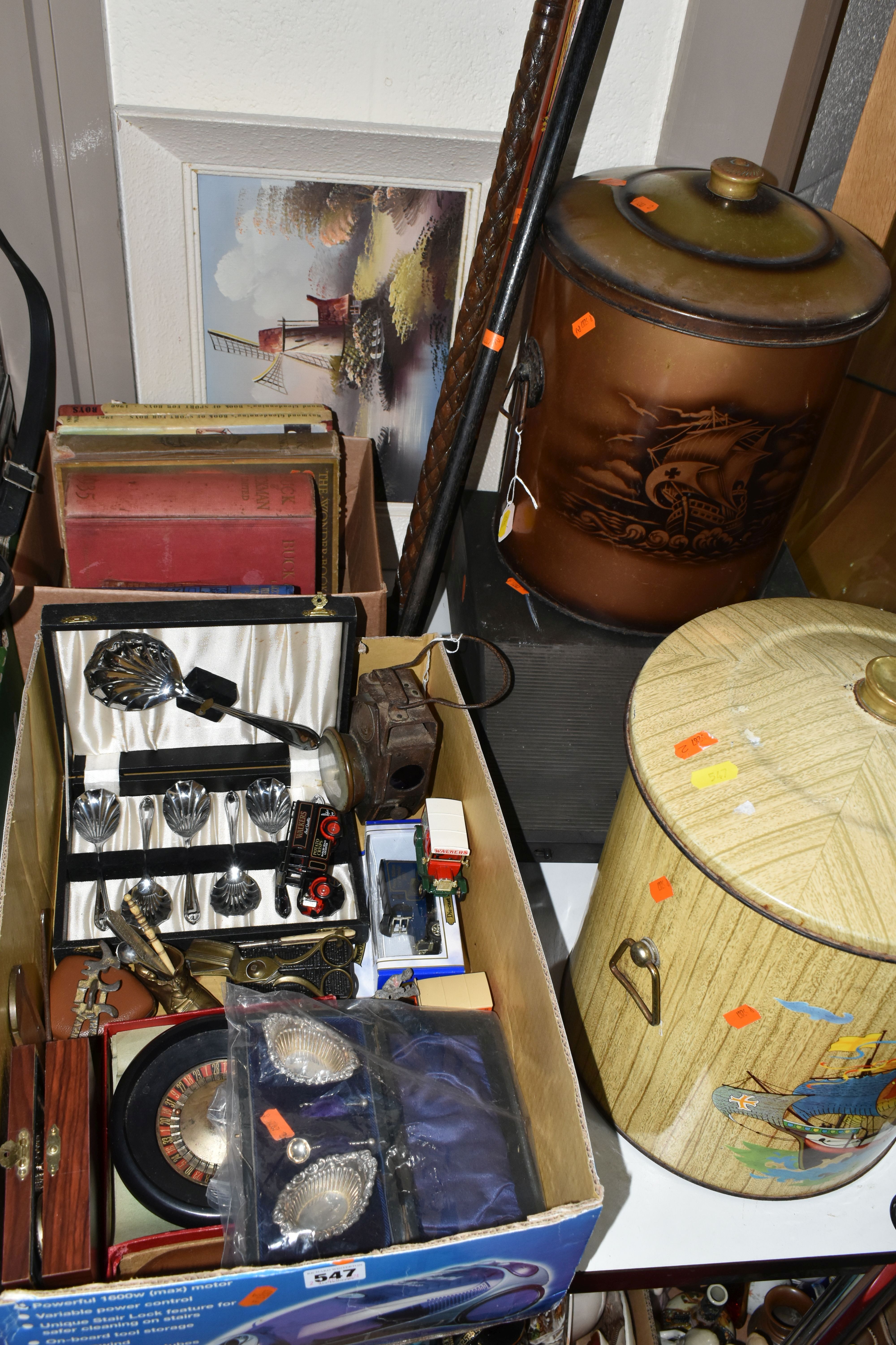 TWO BOXES OF METALWARE AND SUNDRY ITEMS, to include a cased silver salt set, hallmarked Birmingham