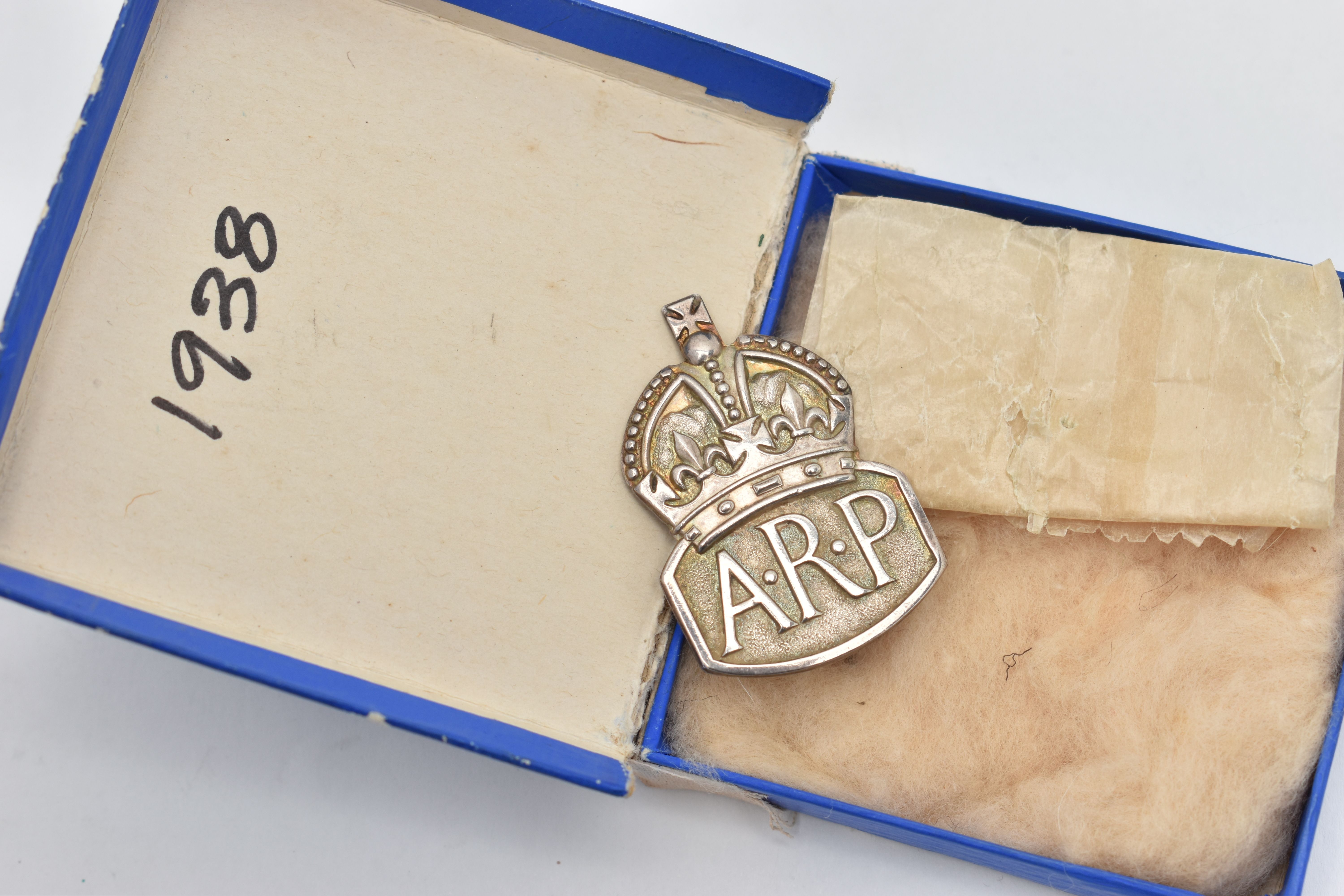 A SILVER 'A.R.P' BADGE, hallmarked 'Royal Mint' London 1938, fitted with pin and C clasp, - Image 2 of 3