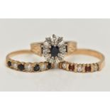 THREE 9CT GOLD GEM SET RINGS, the first a sapphire and diamond cluster ring, the second a seven