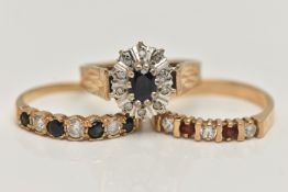 THREE 9CT GOLD GEM SET RINGS, the first a sapphire and diamond cluster ring, the second a seven